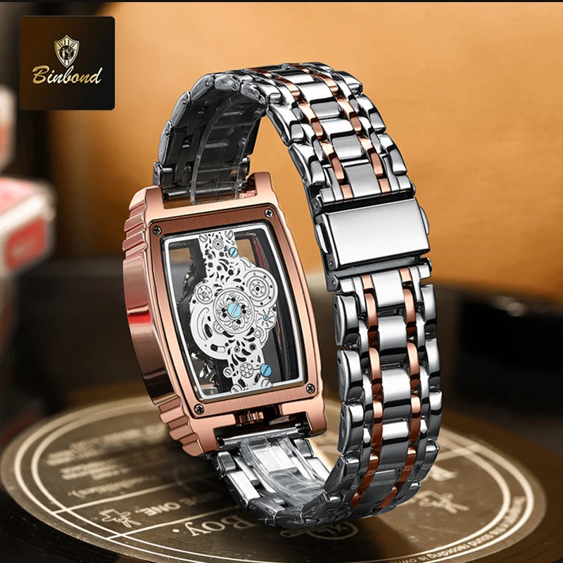 BINBOND New Luxury Man Watch Fashion Wine Bucket Motorcycle Gear Strip Hollow Tourbillon Design Luminous Waterproof Men's Watch