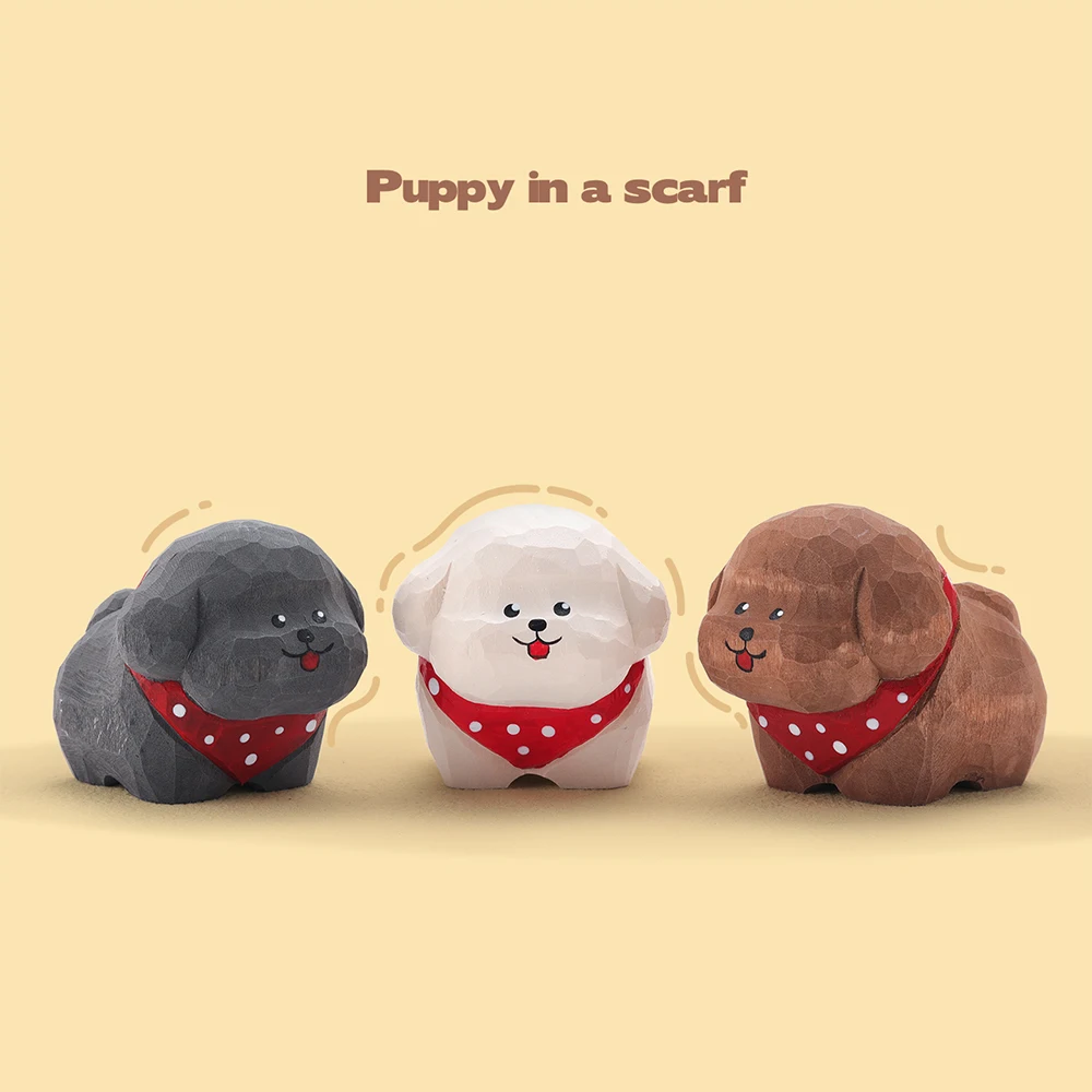 Handcrafted wood carving Teddy Dog Statue Cute Dog Figurines Desk Ornament Decorations  Animal Sculpture Crafts Christmas Gift