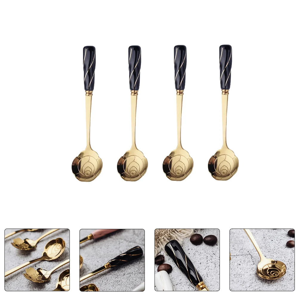 

4 Pcs Multipurpose Flower-shaped Spoon Face Ceramic Handle Coffee Ice Cream Scoop Stainless Steel