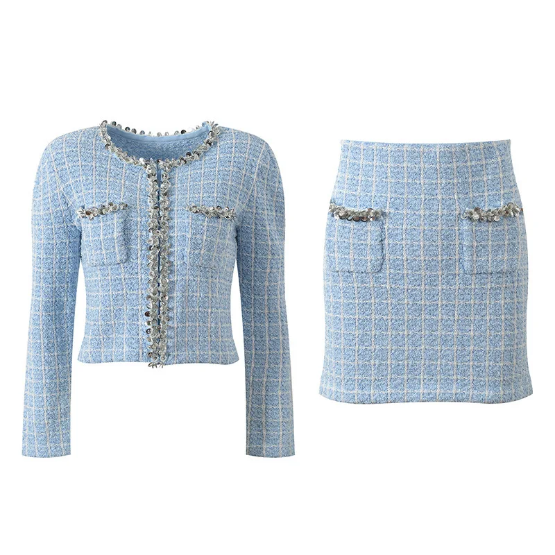 Viscose Polyester Dress Set French Elegant Sequin Beaded Slim Fit Blouse & Skirt Office Luxe