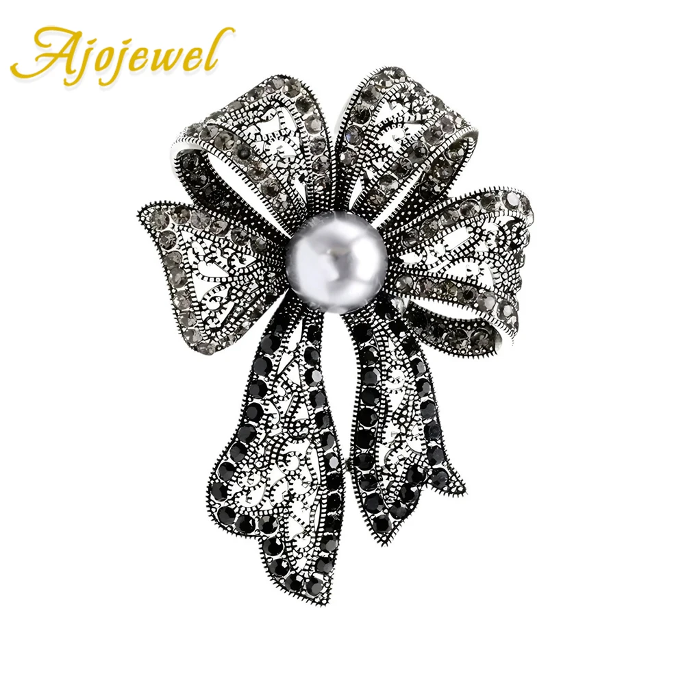 Ajojewel Vintage Black Bowknot Brooch Women Sweater Coat Clothing Accessories Gray Pearl Metal Anti-glare Pin Fixed Pins