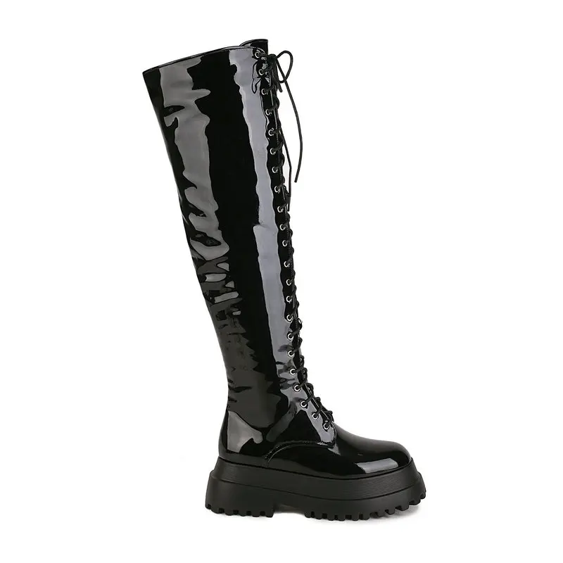 Patent Leather PU Black Punk Gothic Girls Winter Warm Shoes Lace-up Cross Tied Platform Thick Sole Flat Overknees Women Boots