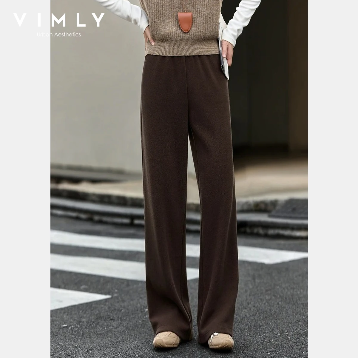 

Женские брюки VIMLY, коричневые, винтажные, осенние, повседневные, вязаные, прямые, длинные, теплые, с драпировкой, с карманами, женские спортивные брюки A2519