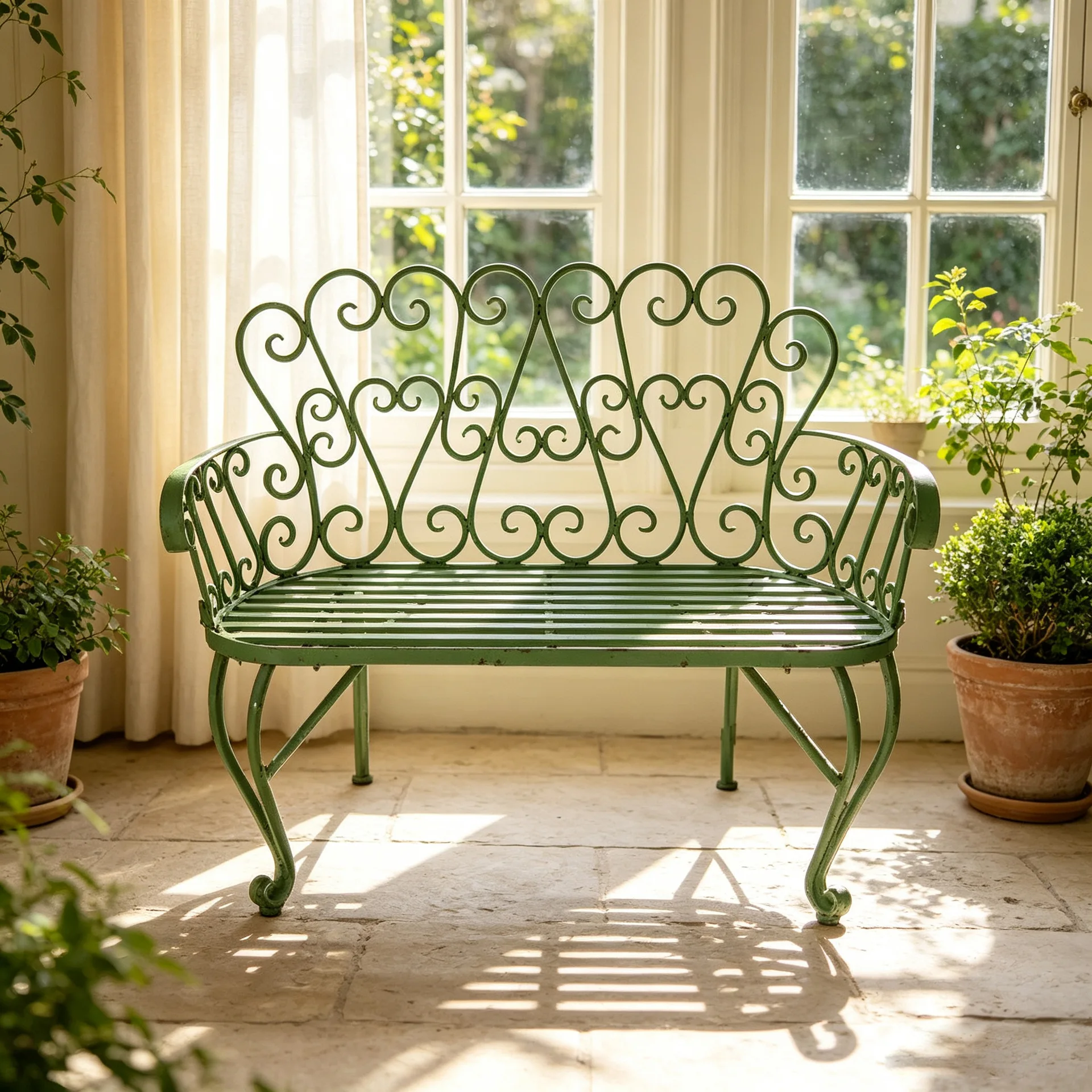 European style wrought iron double chair, outdoor garden retro green paint, courtyard balcony leisure back