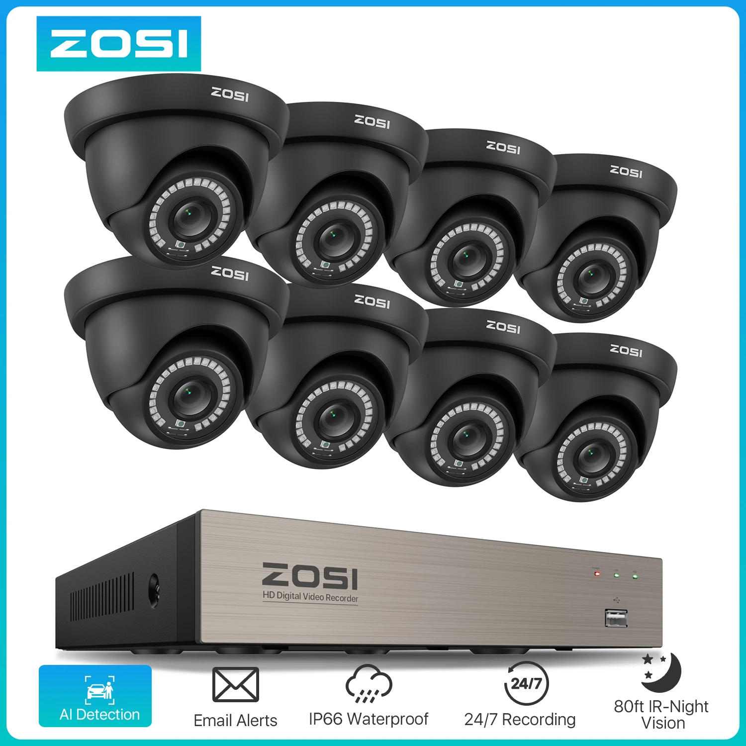 ZOSI 1080p Home Video Surveillance System 8CH H.265+ CCTV DVR 2.0MP HD Indoor Outdoor Wired Dome Security Cameras Kit