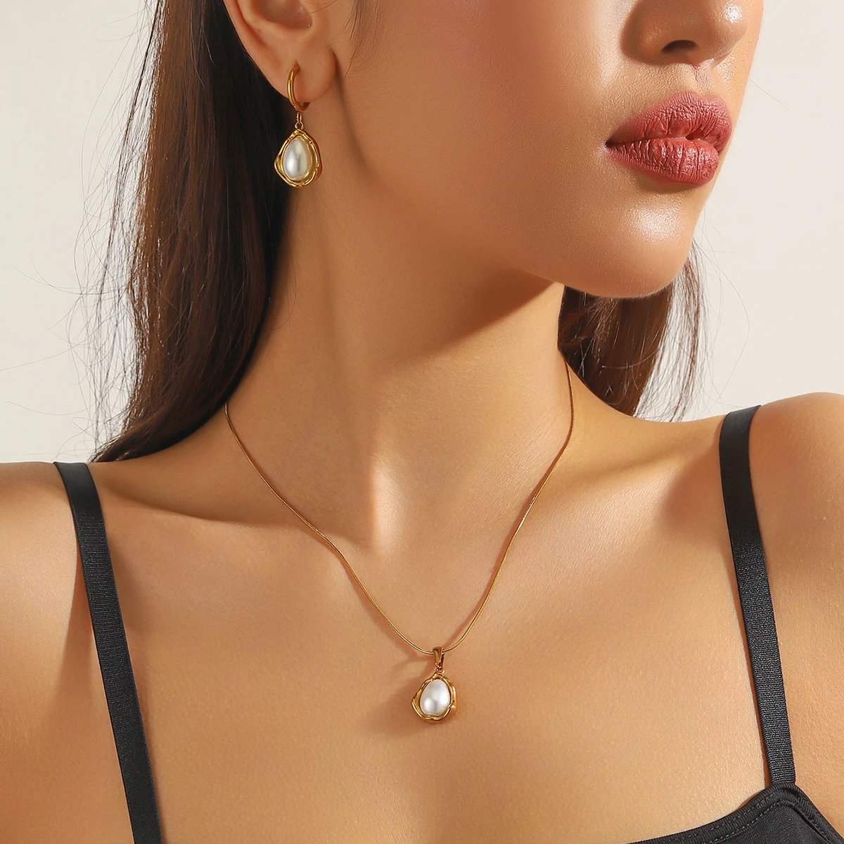 DIEYURO 316L Stainless Steel Golden Water Droplets Inlaid Pearl Pendant Necklace Earrings Set For Women Fashion Jewelry Gift