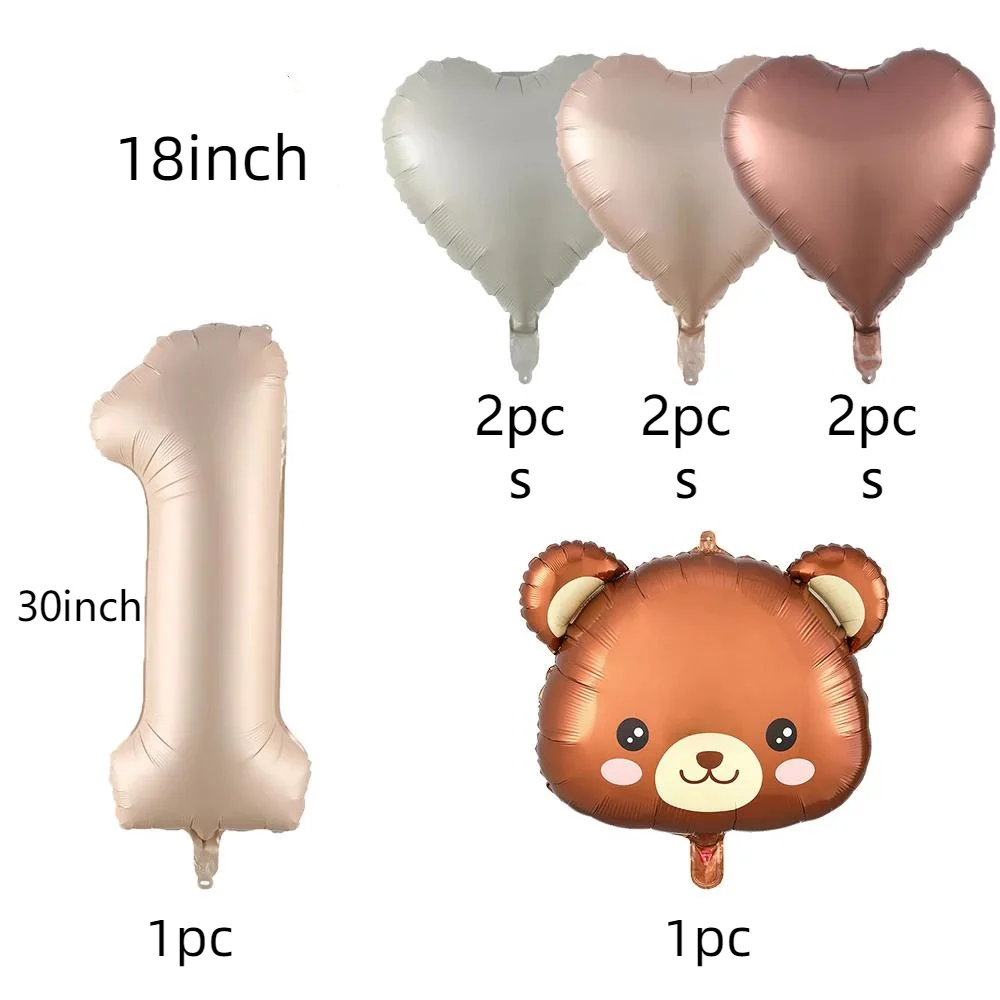 8pcs/Pack 18inch Heart Balloon Brown Bear Balloon Bouqnent Caramel Number Balloon 1 2 3 4 5 6 7 8 9 For Birthday Party