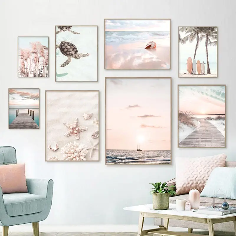 Beach Sea Wave Bridge Starfish Shell Reed Pink Wall Art Canvas Painting Nordic Posters And Prints Picture Living Room Home Decor