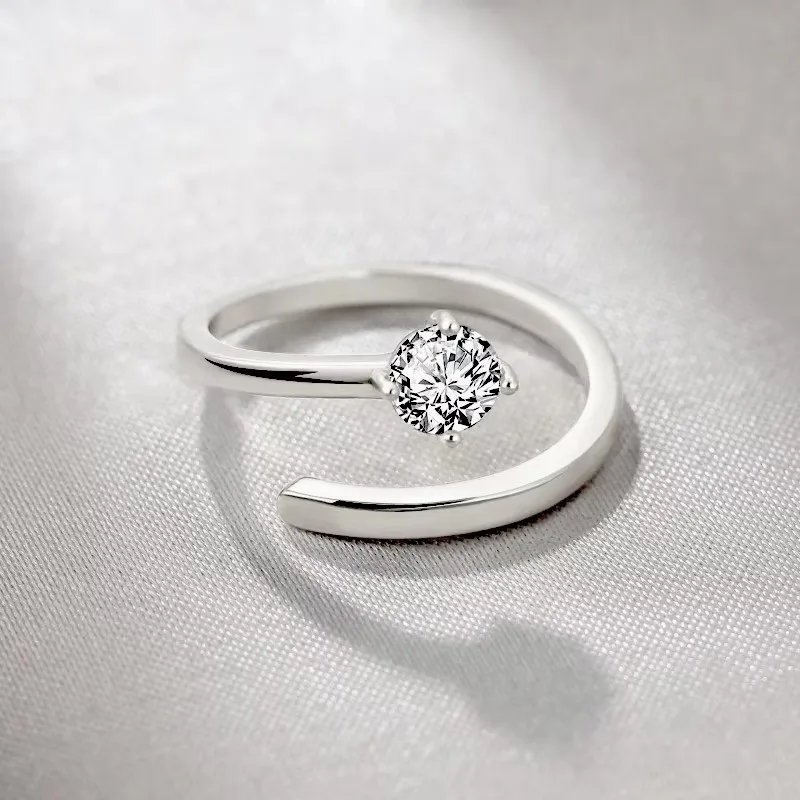 Women's Adjustable 925 Sterling Silver Cubic Zirconia Ring, Simple Design