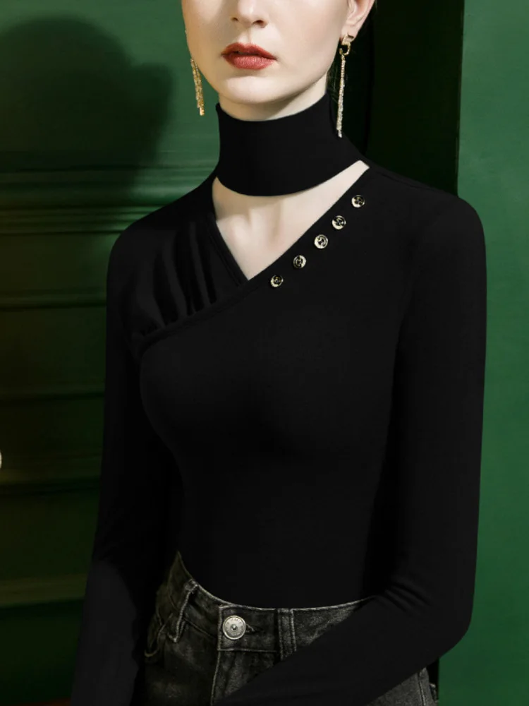 Top da ballo slim fit con collo alto scollato in tinta unita – Camicia da performance vintage a maniche lunghe per top per costumi di scena classici