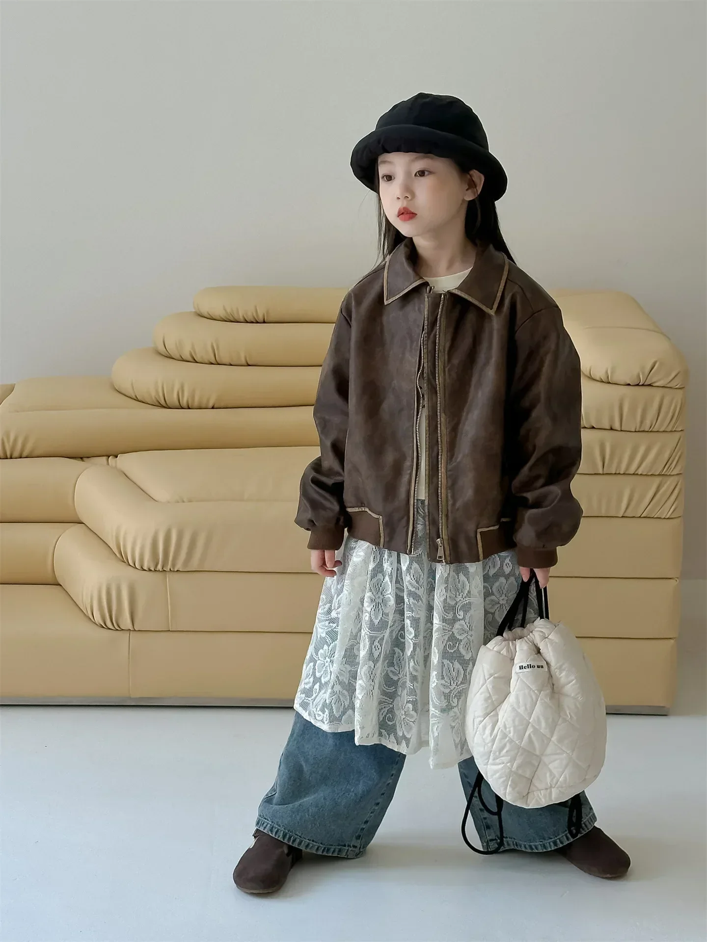 Girls Coat 2024 Autumn New Childrens Wear Korean Style Baby Girl Foreign Style Loose Sweet Retro Leather Jacket Casual Simple