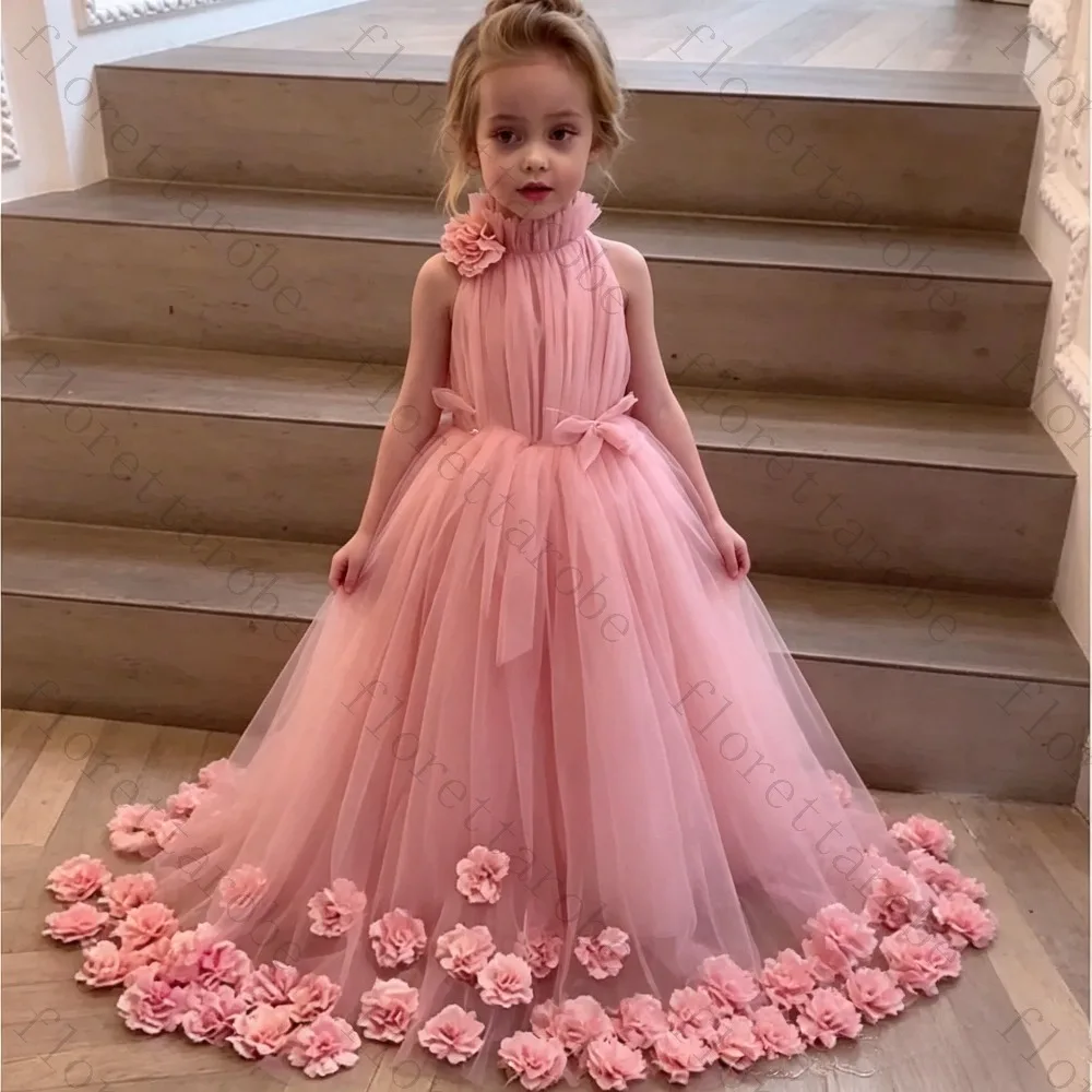 Customized Pink 3D Flower Flower Girl Dress Sleeveless Layered Pleated Chiffon Girl Birthday Pageant Puffy Bridesmaid Prom Gown
