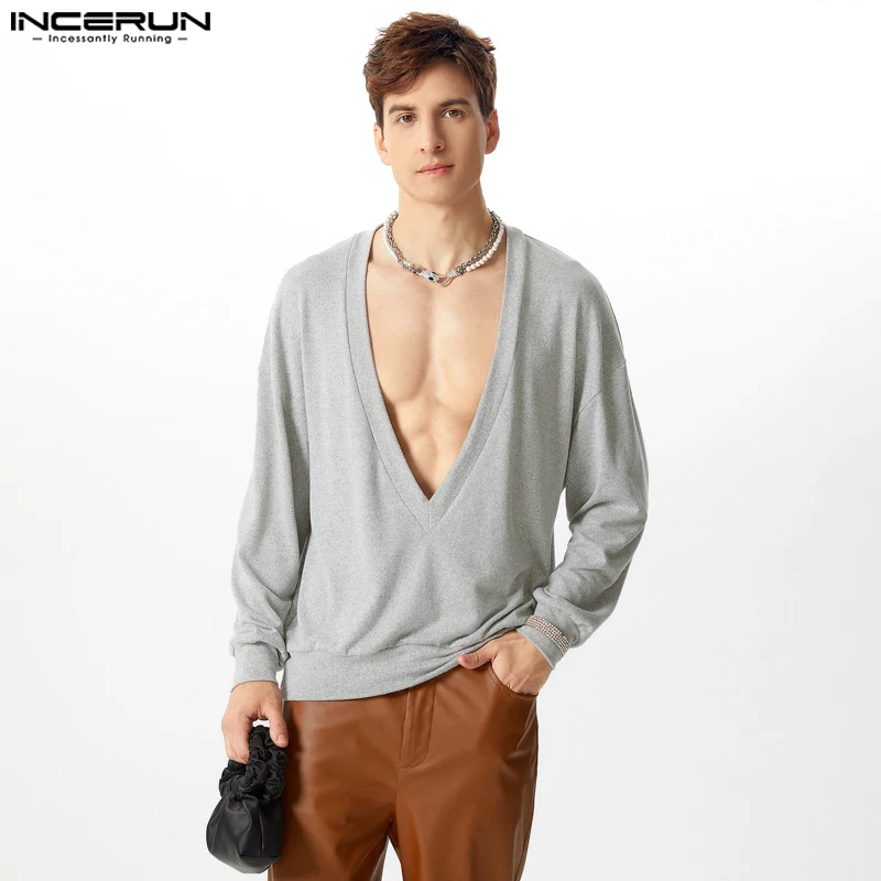 Handsome Well Fitting Tops INCERUN Men's Fashion Sexy Deep V-neck Pullovers Casual Streetwear Solid Long Sleeved Sweaters S-5XL