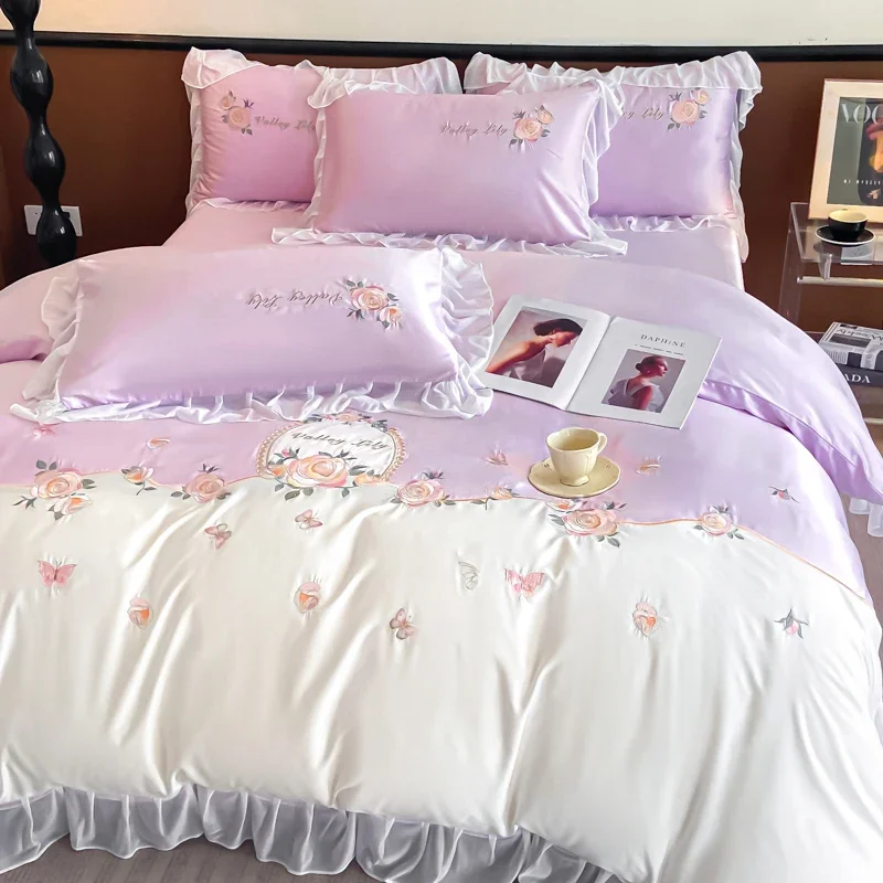 Small fresh 120 double-sided ice silk four-piece set, silky smooth Tencel butterfly embroidery quilt cover, princess style