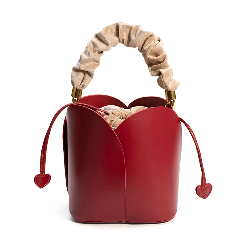 

Red Petal Bucket Bag Women New High Quality Velvet Inner Pocket Drawstring Shoulder bag Luxury Designer Wedding Crossbody Bag