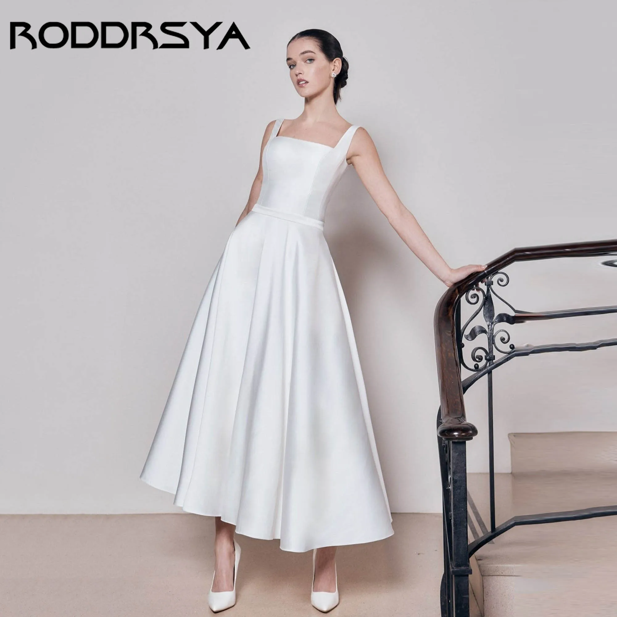 RODDRSYA Tea-Length A-line Wedding Dress Minimalism Modern Satin Sleeveless Bridal Gowns Square Neck vestido de novia Customized