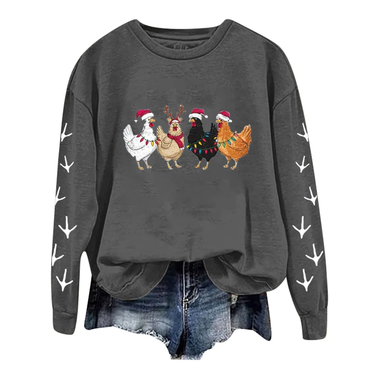 

Christmas Oversize Women Long Sleeve Crewneck Sweatshirts Chicken Printed Lightweight Fleece Athletic Hoodie Apparel T Shirt