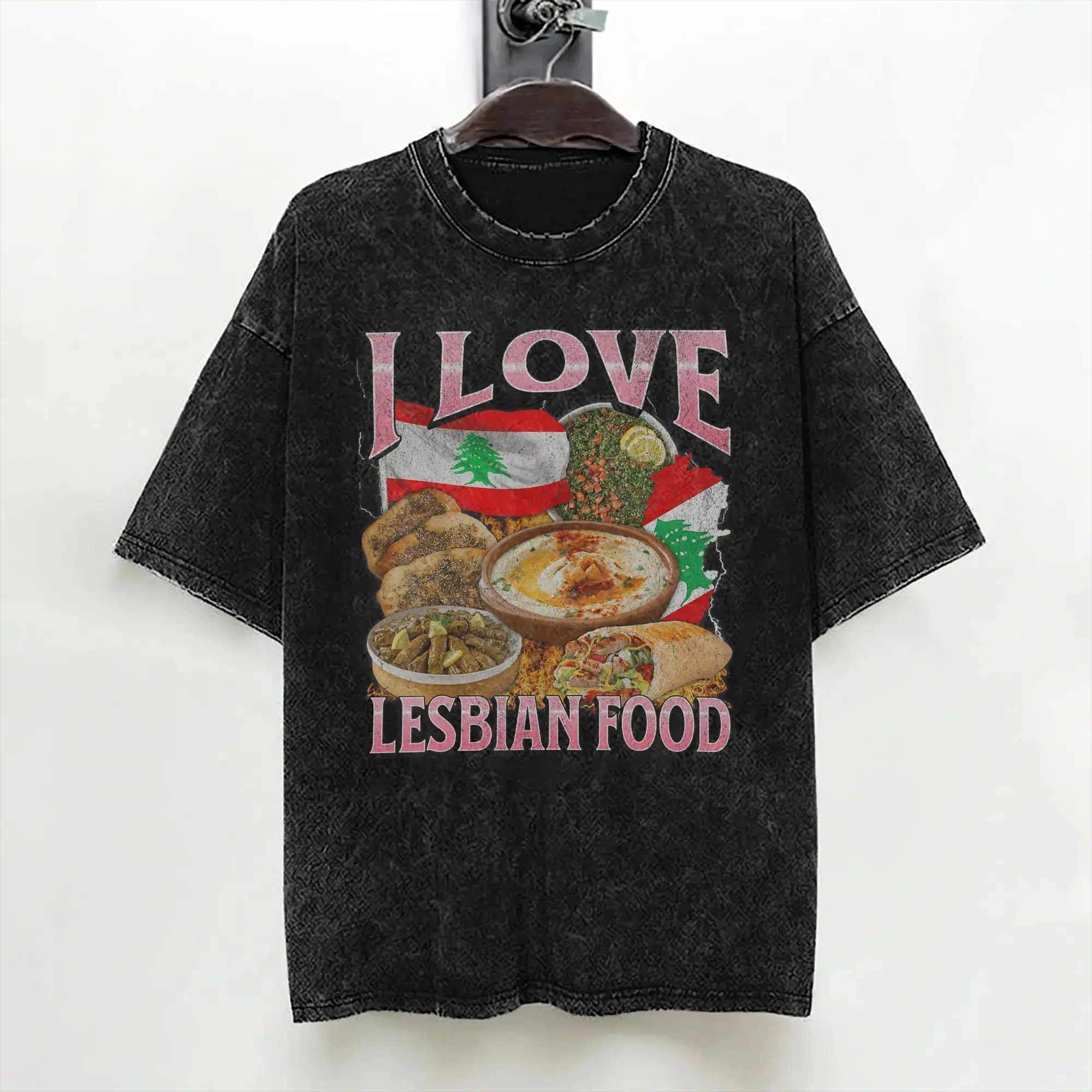 I Love Lesbian Food Funny Lebanese Food Bootleg Washed T Shirt Streetwear HipHop Vintage T-Shirts Tee Shirt for Men Oversize
