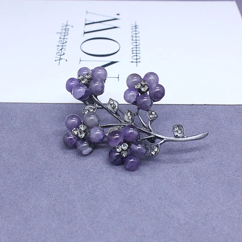 Ajojewel Vintage Brooch Purple Natural Stone Flower Branch Brooches Pins For Women Elegant Gift Items