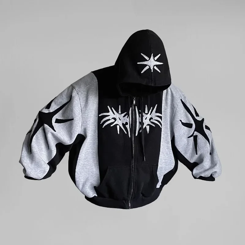hip hop oversized hoodie sweatshirt fashion casual tops Y2K vintage zip-up hoodie Harajuku patchwork gothic streetwear