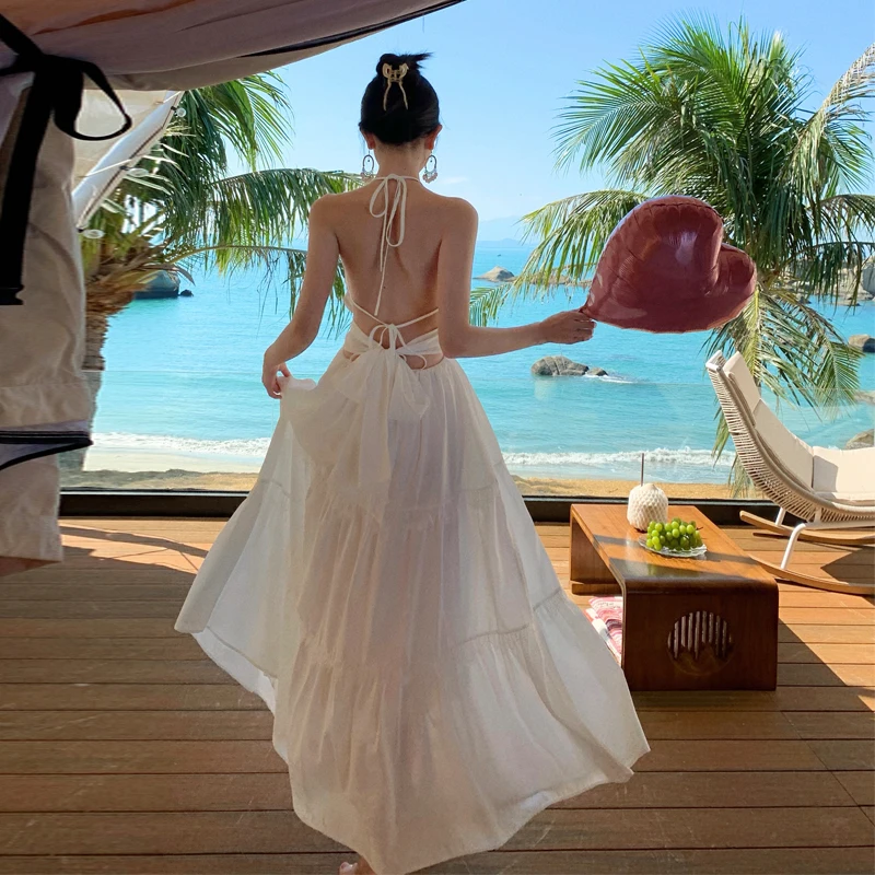 

Women Summer Hanging Neck Backless Strapless White Long Dress Women Solid New Fashion Off Shoulder Beach Seaside Sundress F454