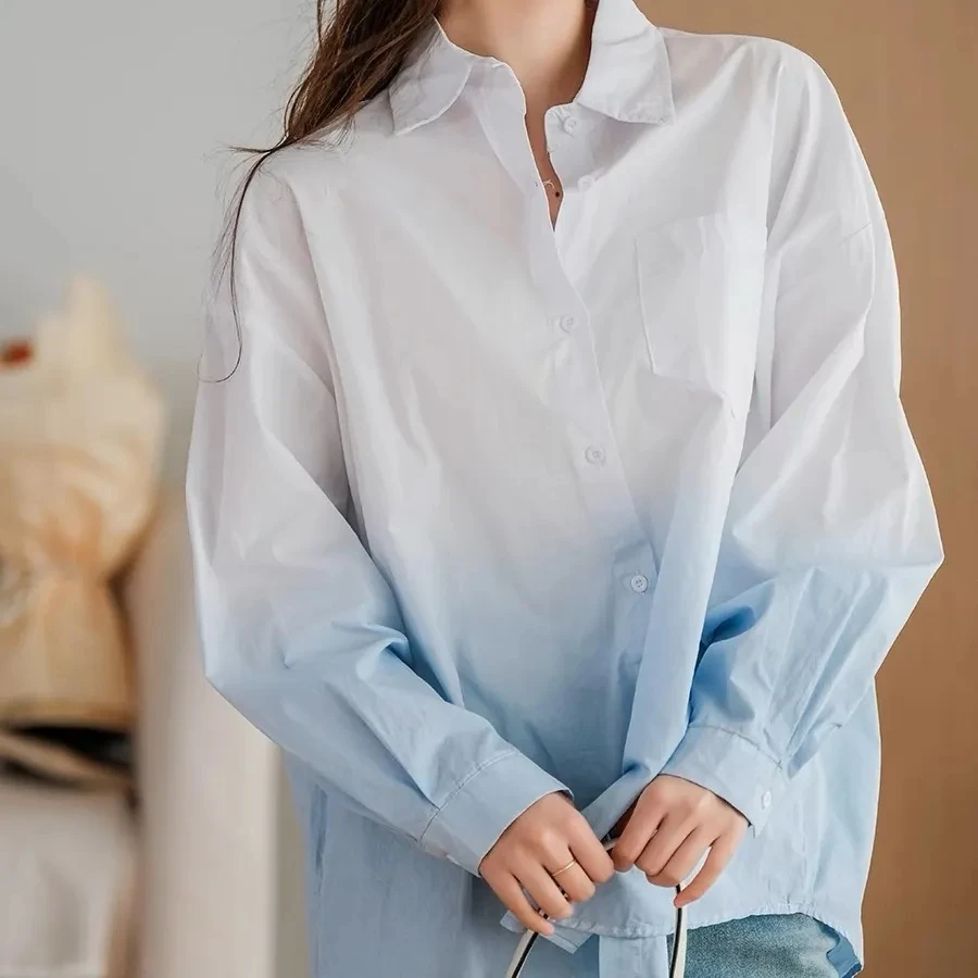 2026 New Spring Summer Korean Cotton Shirts Women's Segment Dyeing Gradient  Design Sense Niche Loose Casual Cardigan Blouse Coa