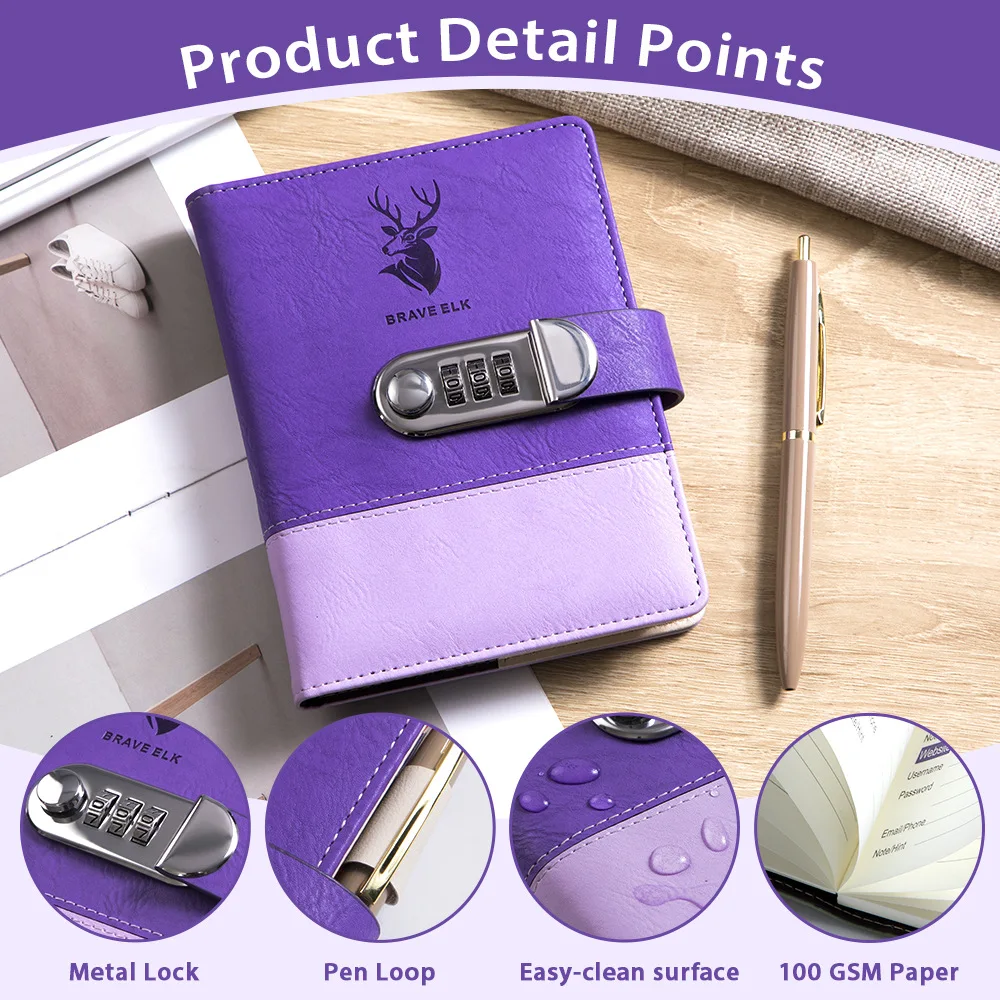 B6 PU Leather Password Book with Combination Lock, A-Z Alphabet Tabs Website Login Password Keeper Notebook Office Stationery