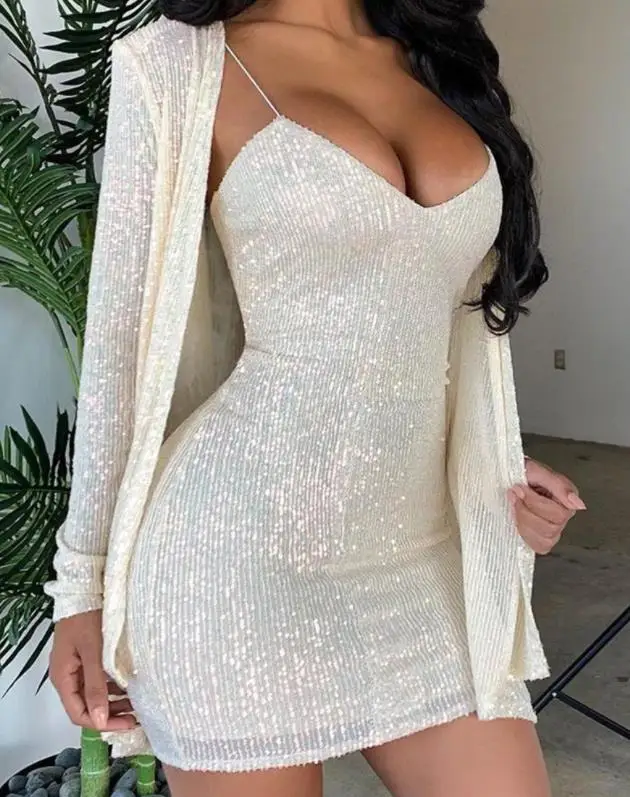 Women's Two Piece Elegant Sexy Party Night Out Suit Set Allover Sequins V-Neck Spaghetti Strap Bodycon Dress and Cardigan Set