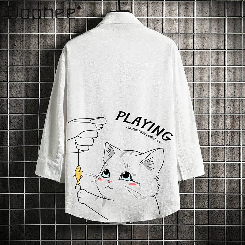 

Summer Men's White Cat Cartoon Short Sleeve Shirt Thin Loose Plus Size Three Quarter Sleeve Black English Print Casual Shirt