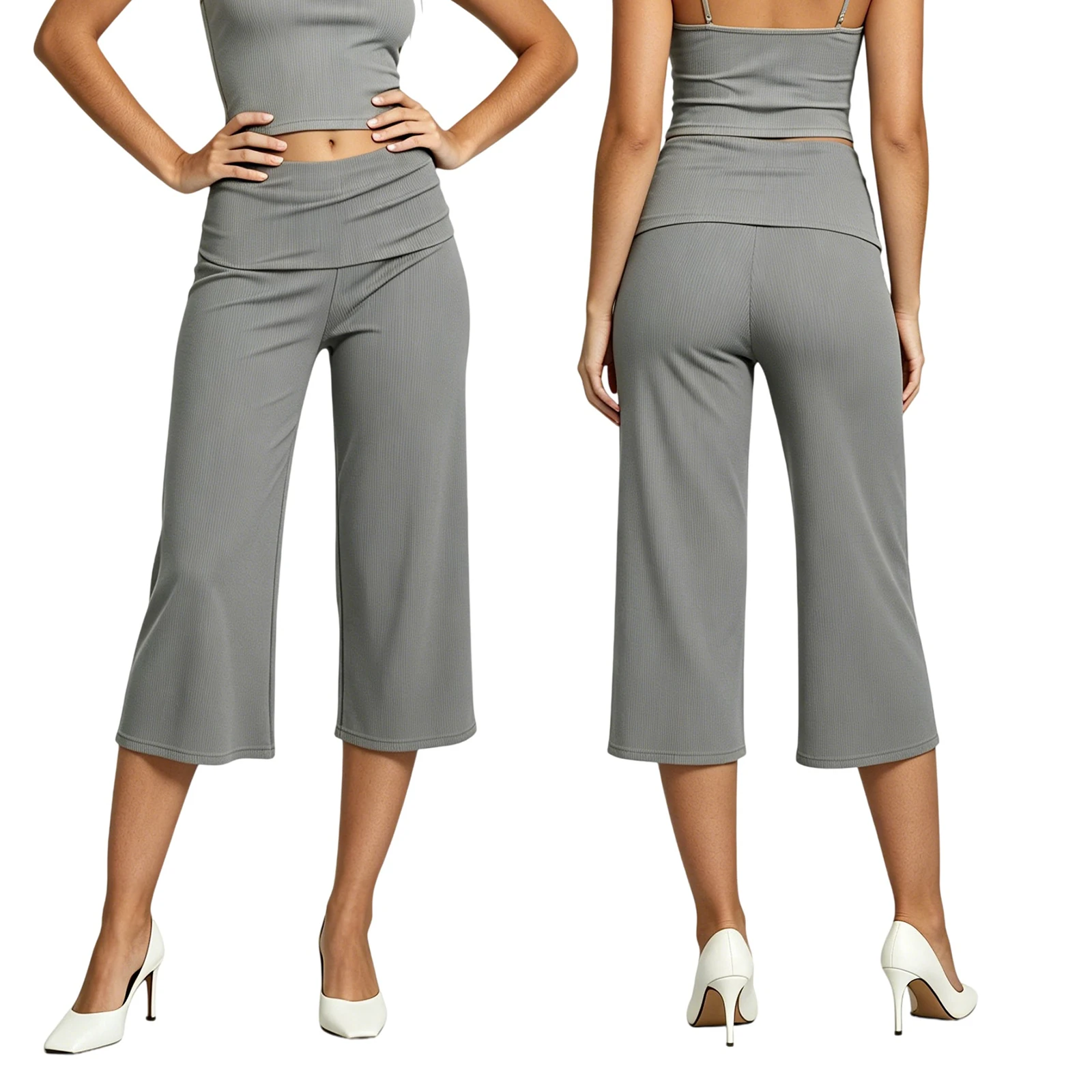 Womens Wide Leg Capris Casual Fold Over Waist Solid Color Mid Rise Cropped Pants Fashion Elegant OL Straight Pants Streetwear