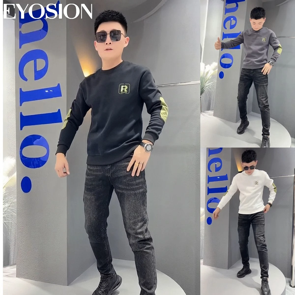 Men's T Shirt Long Sleeve Autumn Cotton Plush Thicken Top Tees R Letter Print Color Contrast Slim Fit Male Clothing 5XL