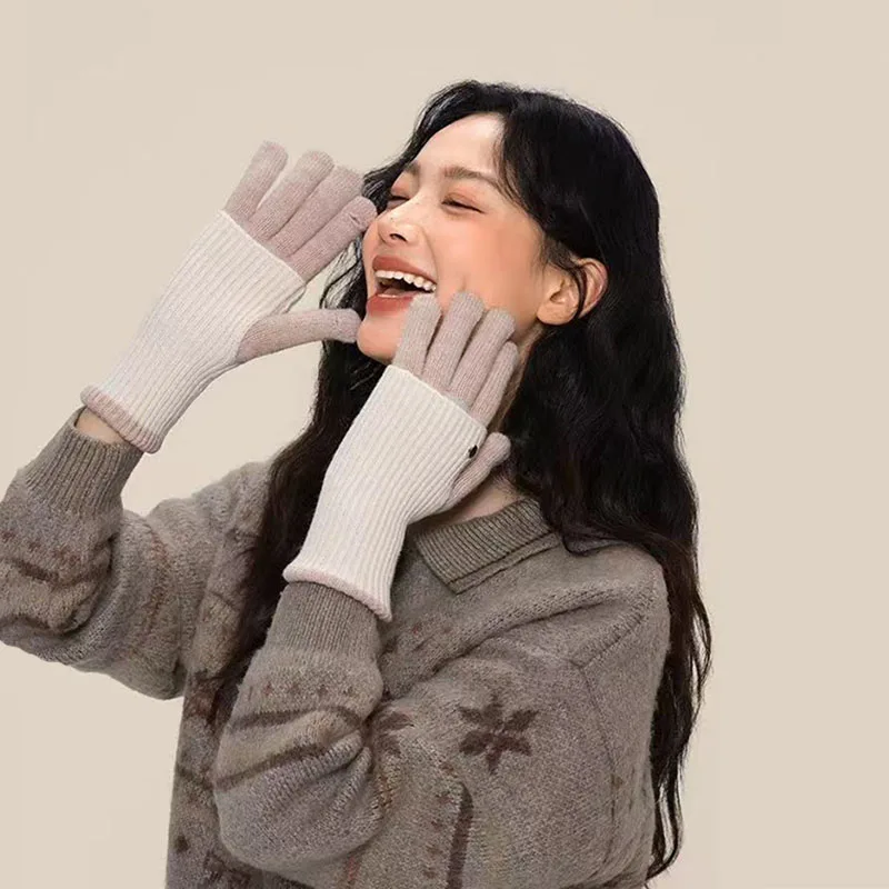 Winter-Farbblock-Touchscreen-freundliche Strickwollhandschuhe im koreanischen Stil mit thermischer Verdickung und Dual-Use-Fahrraddesign