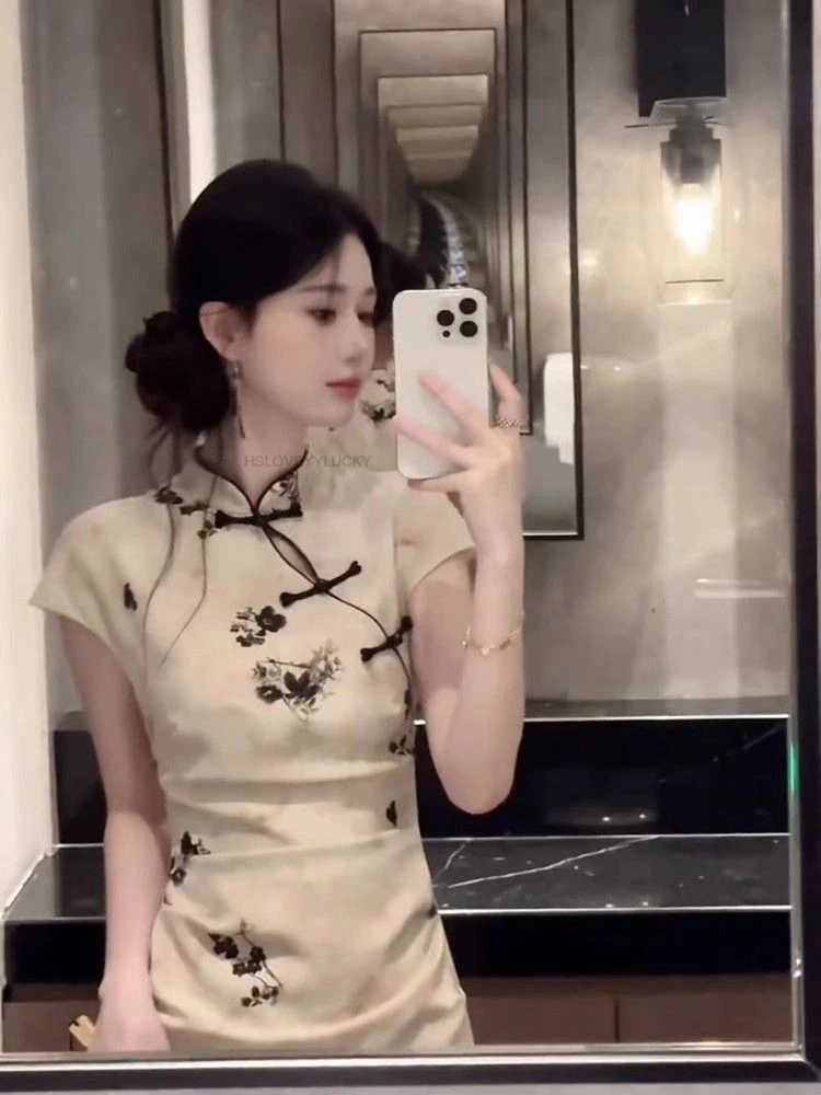 Chinese women's Summer Dress With High Collar Slim Fit Printed Elegant New Chinese Style Split Skirt Modified Cheongsam Dress