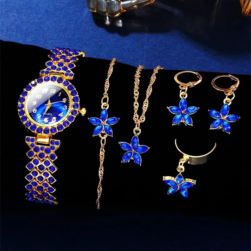 6PCS Set Blue Classic Retro Rhinestone Quartz Watches Ladies Elegant Dress Wristwatch Round Crystal Dial Casual Female Clock