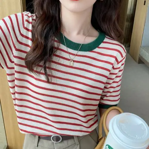

Elegant Ice Silk Short Sleeve Knitted Top Women's Thin Stripe T-Shirt plus Size Korean Style Summer Half Sleeve Short Style C...