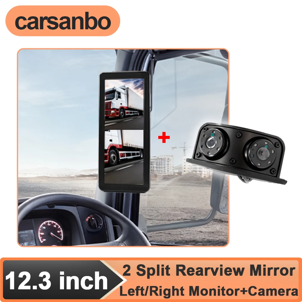 Carsanbo DVR Loop Recordeing 2CH AHD 1080P Side View Blind Spot Camera with Truck Bus 12.3 Inch Digital Rearview Mirror Monitor