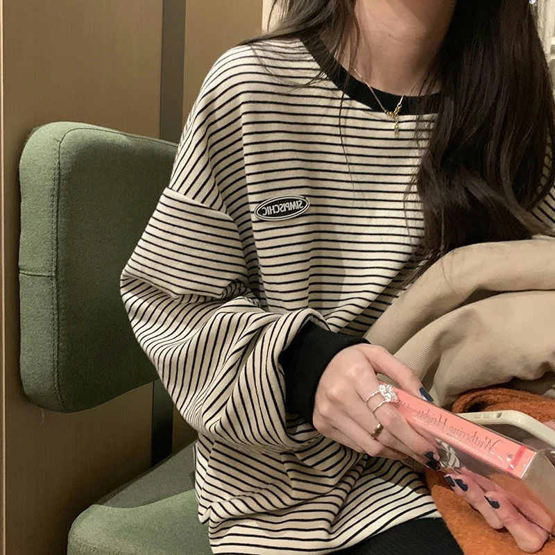 Striped Cotton Bottoming Shirt Women 2024 Spring New Versatile Long sleeves Shirt Korean Autumn and Winter Western Sle Inne...