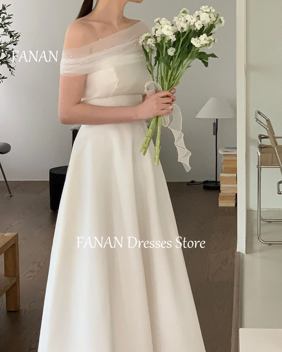 

FANAN Vintage Simple Off the Shoulder Korea Wedding Dresses Sleeveless 웨딩드레스 Ivory Satin Custom Made Bride Gowns Plus Size