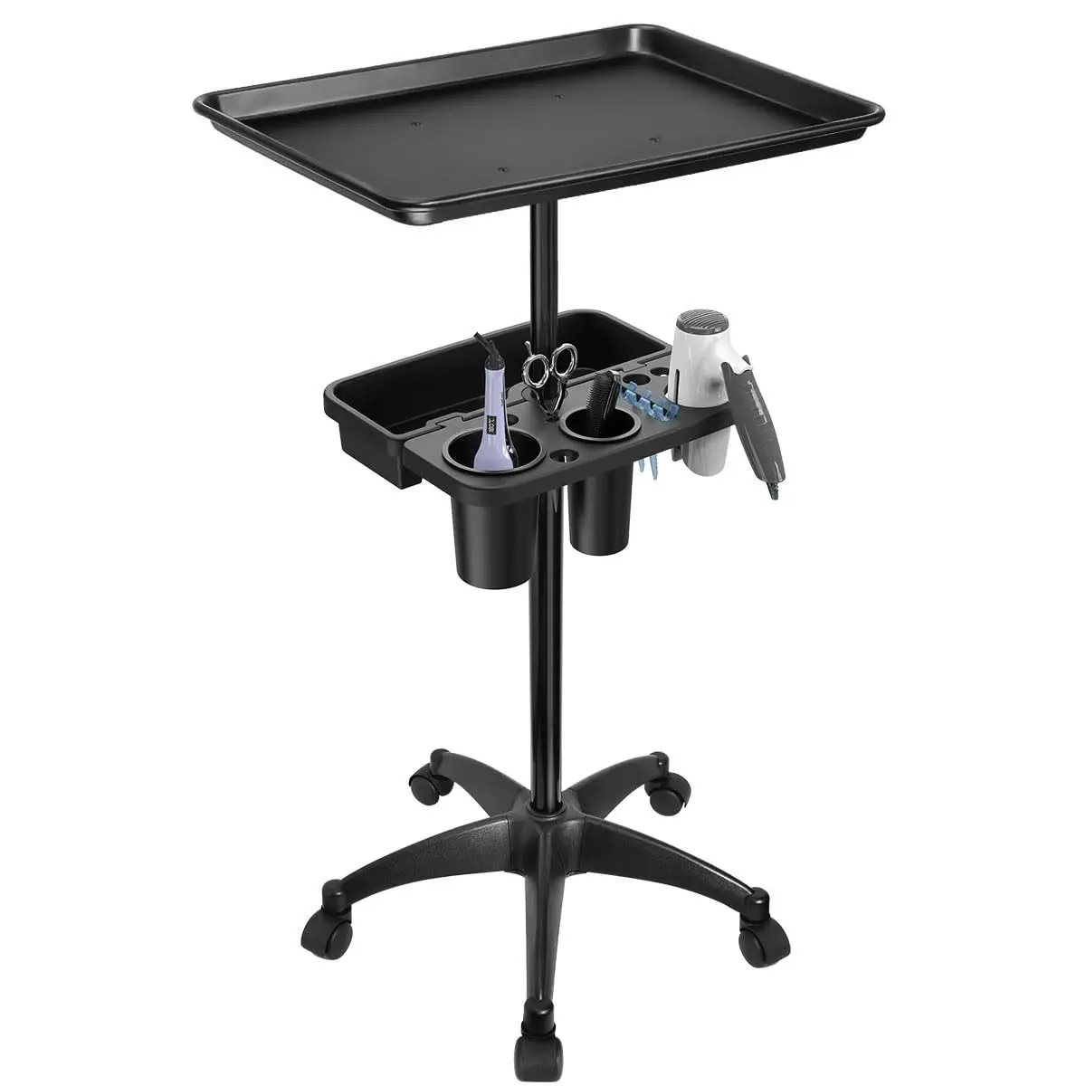 Salon Tool Tray Rack, Double-Layer Aluminum Organizer for Barbershop, Height Adjustable Storage Stand for Hair Styling Tools