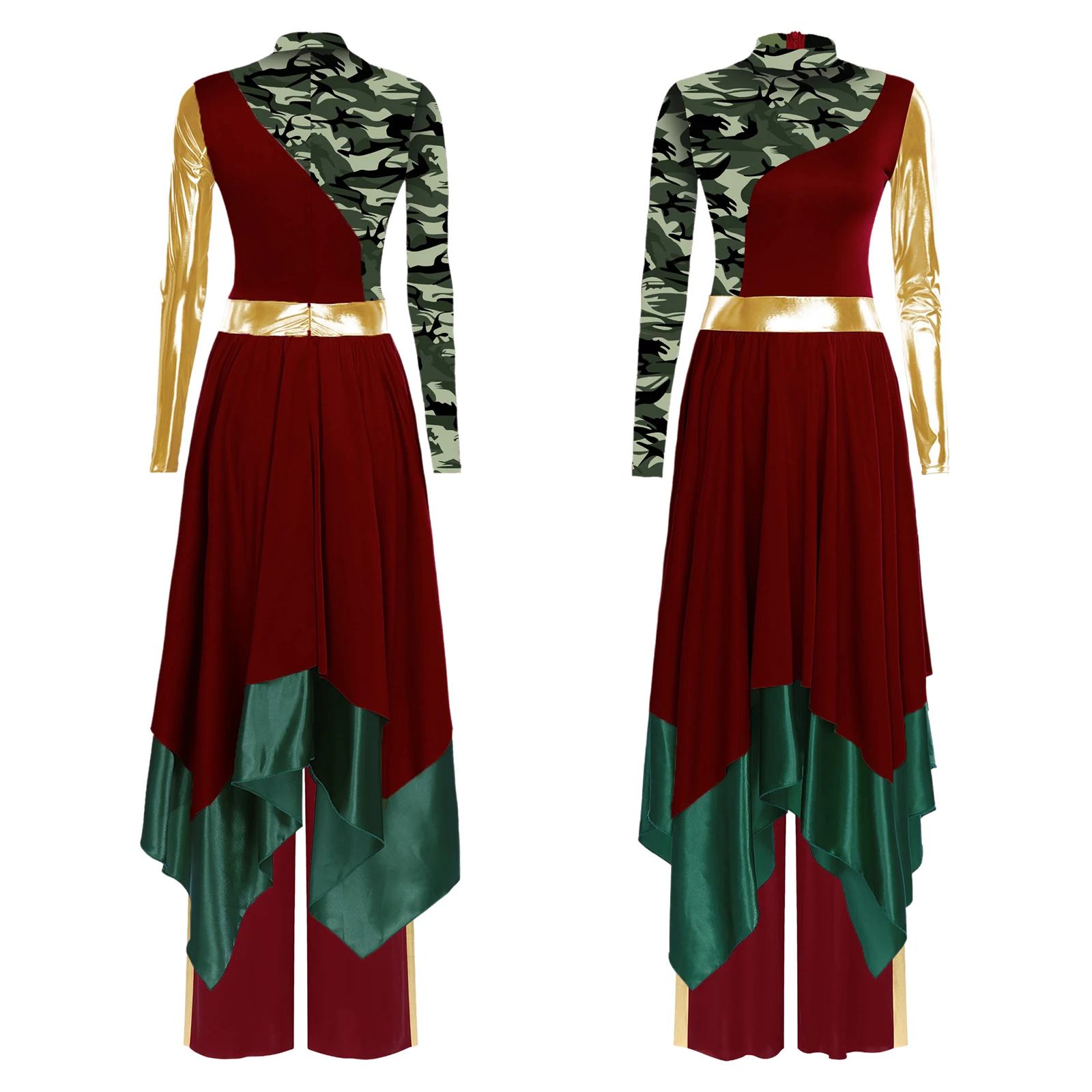 

Womens Liturgical Praise Dance Outfit Set Long Sleeve Irregular Hem Printed Dress And Metallic Wide Leg Pants Modern Dancewear