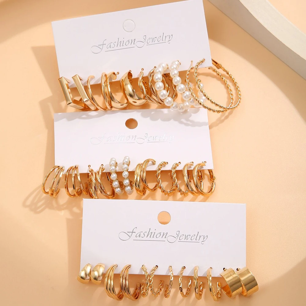 18Pcs Of Suit Women Earrings C Shaped Geometric Fake-pearl Metal Earrings Atmospheric Queuing Alloy Of Gold-color image 2