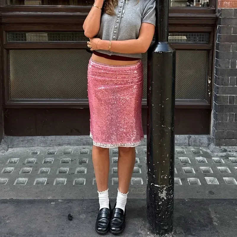 

Ticketsx Fashion Sequin Skirt Women's Lace Patchwork See Through Low Waist Midi Skirts Female Summer Y2K High Street Slim Skirts