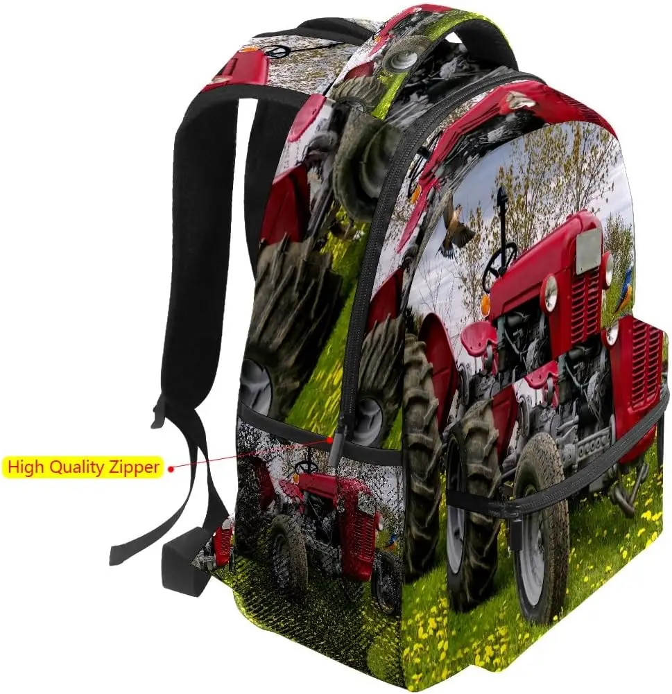 حقيبة ظهر حمراء للجرارات، طباعة مشهد الريف، حقيبة يومية واسعة مع جيوب شبكية، رائعة لمحبي الطبيعة والاستخدام الخارجي #3