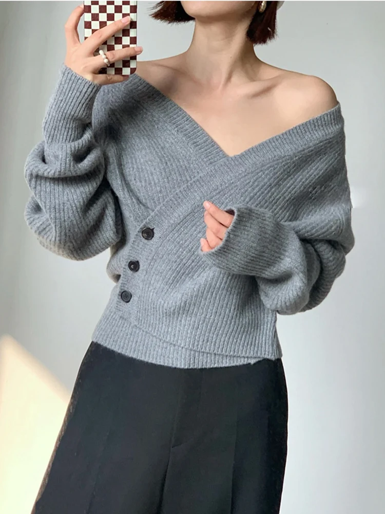 Autumn Winter Ribbed Sweater Pullovers Women 2024 Knitted Sexy V-neck Sweater Pullover Female Long Sleeve Open Stitch Tops