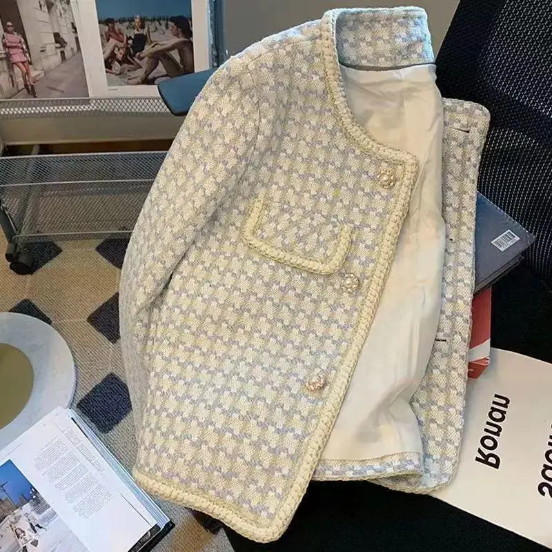Blue Jacket for women's spring Autumn new Korean version Loose and advanced feeling Thin And Versatile Thousand bird grid top