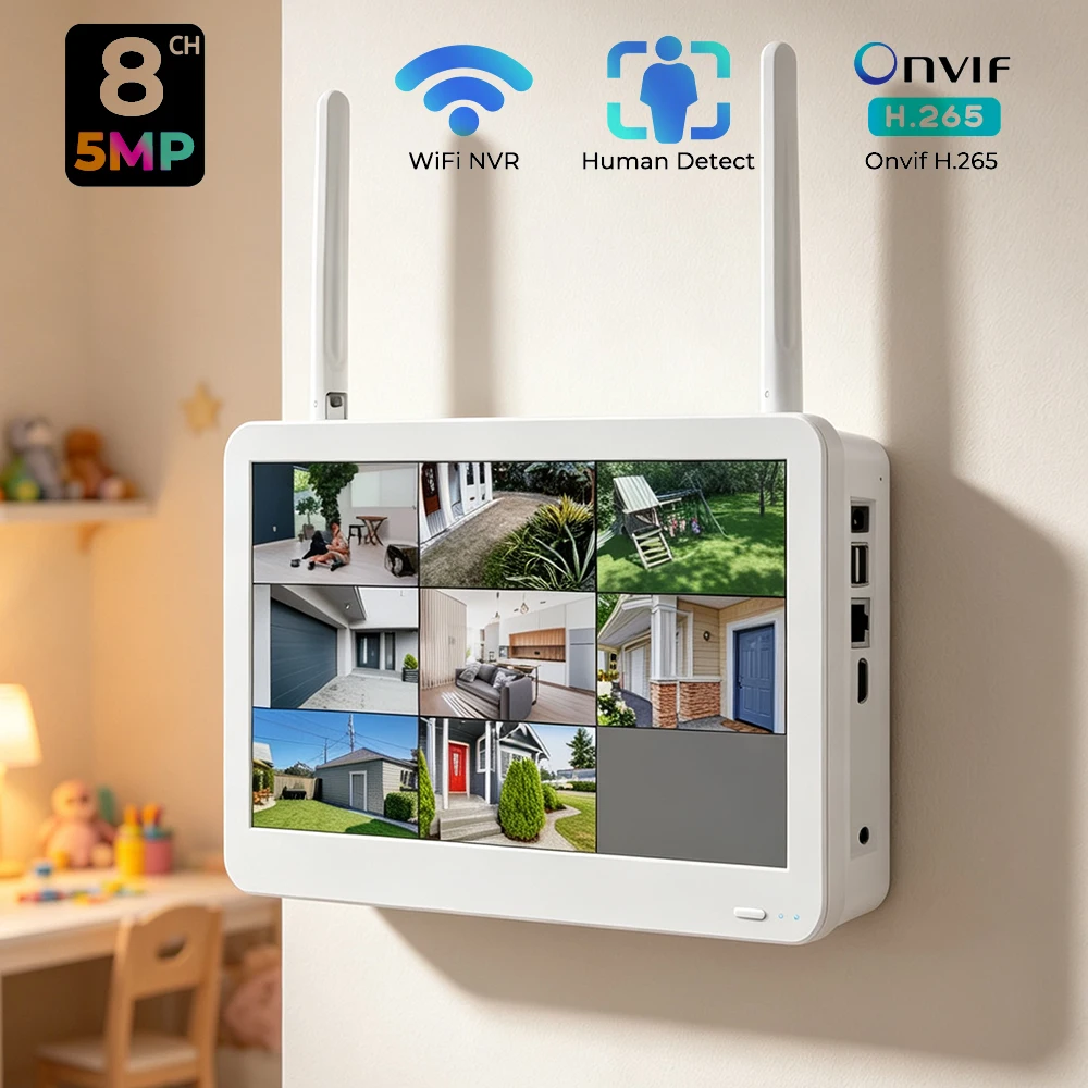 8-канальный 5-мегапиксельный WiFi NVR со встроенным 12-дюймовым LCD-монитором, поддержкой H.265, Onvif, XMeye, функцией распознавания лиц и круглосуточной записью.