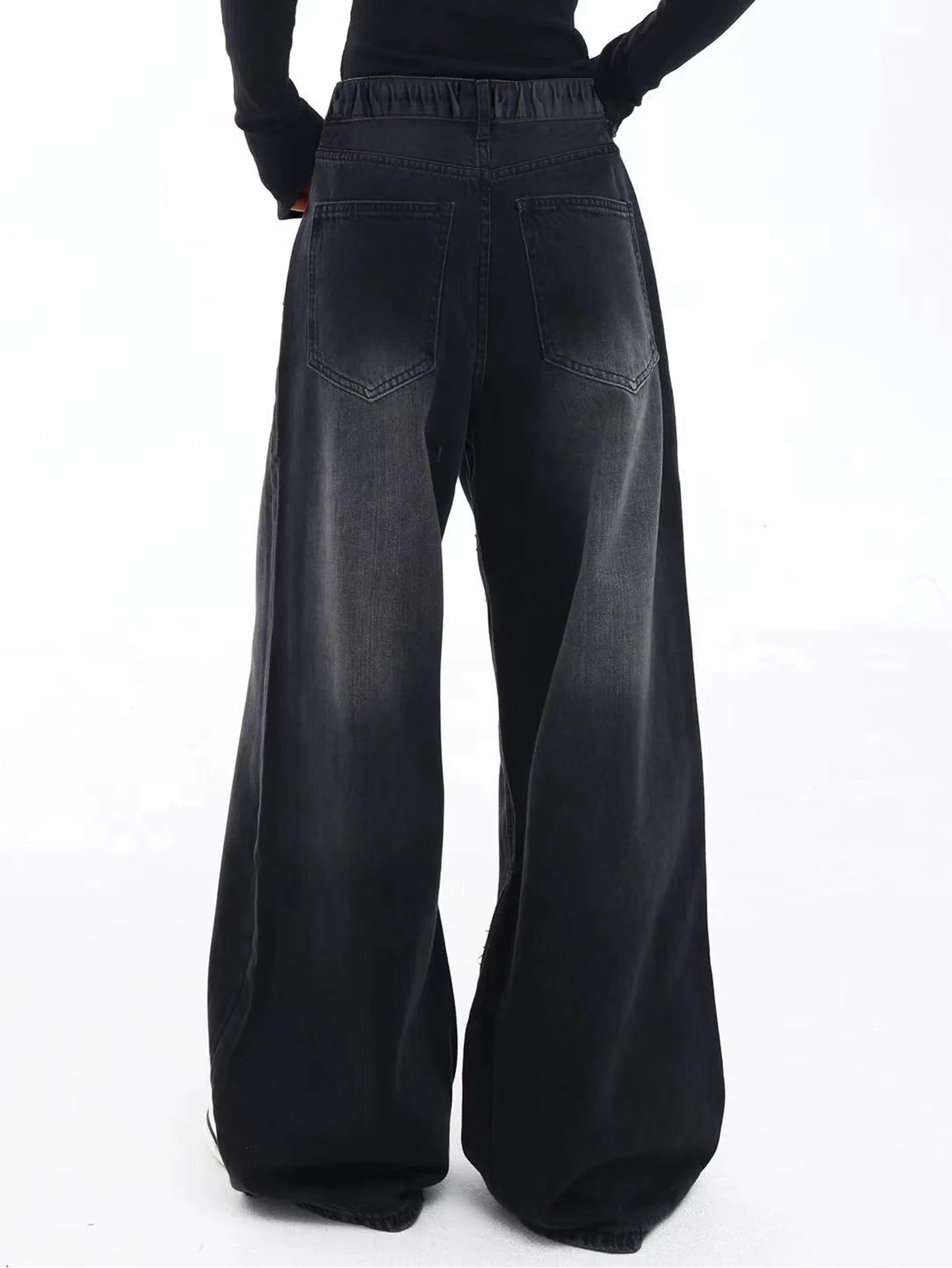 

Teenage girl's vintage-washed black long jeans - loose, casual, wide-leg straight-cut pants