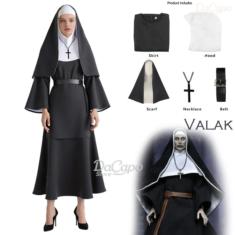 Disfraz de monja Valak de la conjura, disfraz de mujer aterradora, disfraz de hombre torcido, fiesta de Halloween, vestido de hermana negra, sombrero disfraz