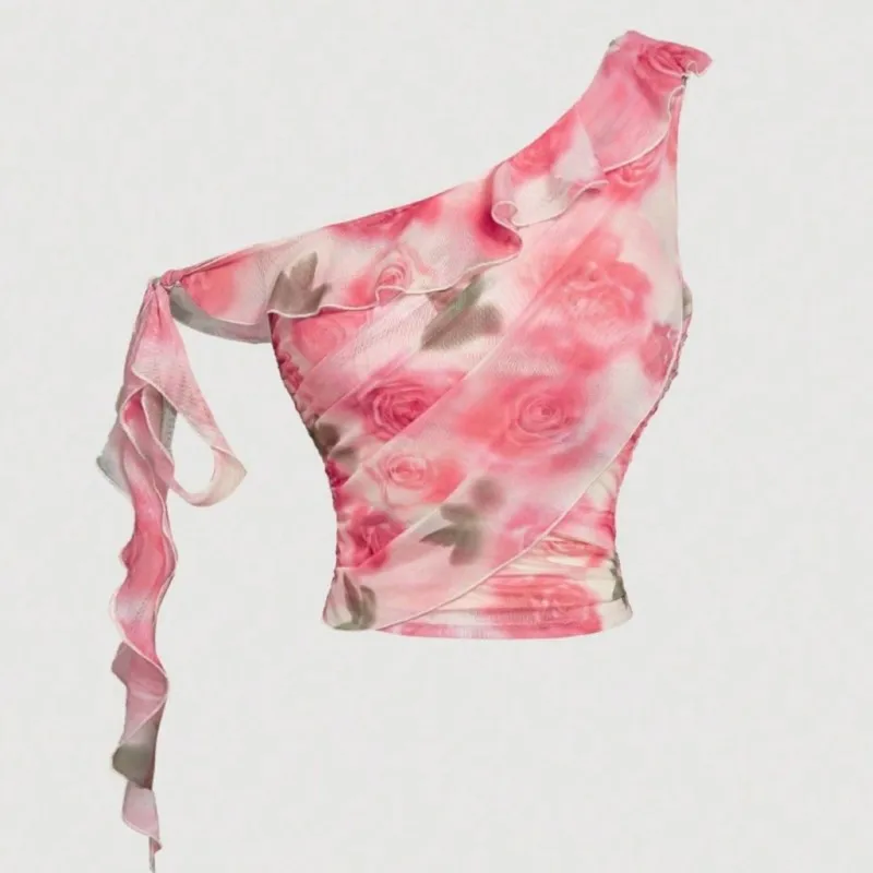 Summer Fresh And Sweet Floral Print Off-Shoulder Slimming Fitted Bandeau Top Women Y2K Fashionable Trend Leisure Party Occasion