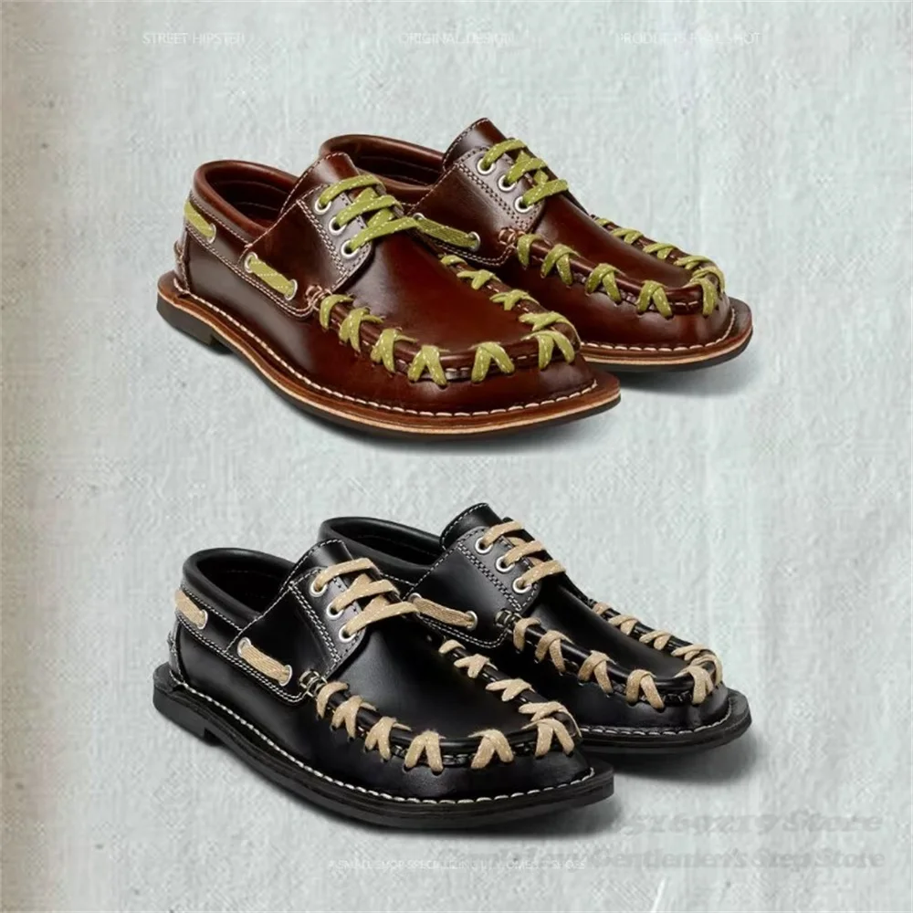 Tie Up Derby Square Toe Leather Shoes for Men Thin Soled Retro Sailing Shoes British Style Lace Up Casual Stitched Loafers
